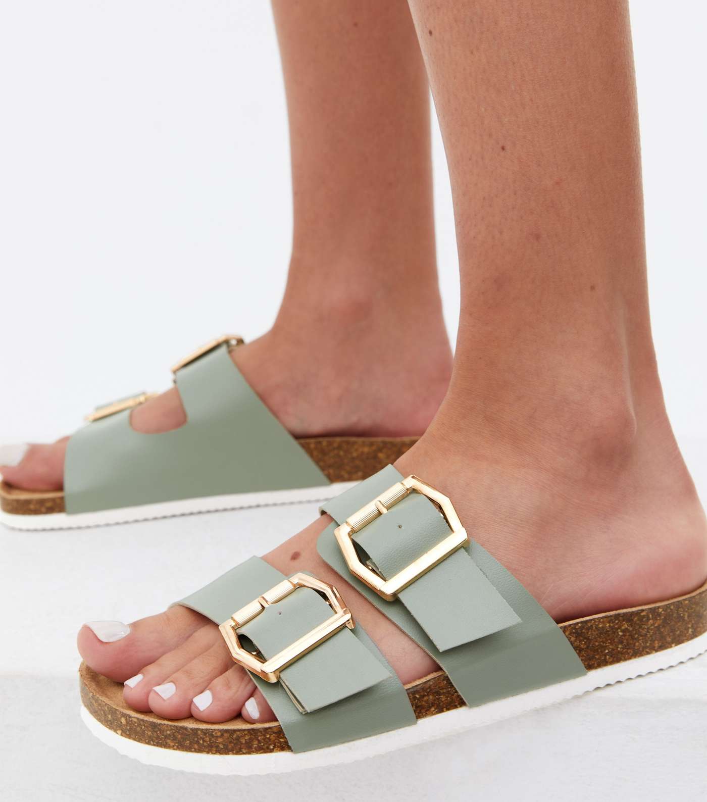 Light Green Buckle Double Strap Footbed Sliders Image 2