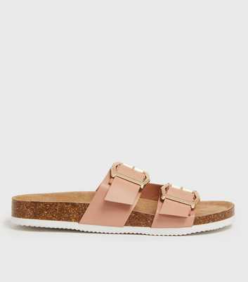 Pink Buckle Double Strap Footbed Sliders
