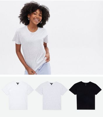 Girls 3 Pack Light Grey Black and White Crew Neck T-Shirts