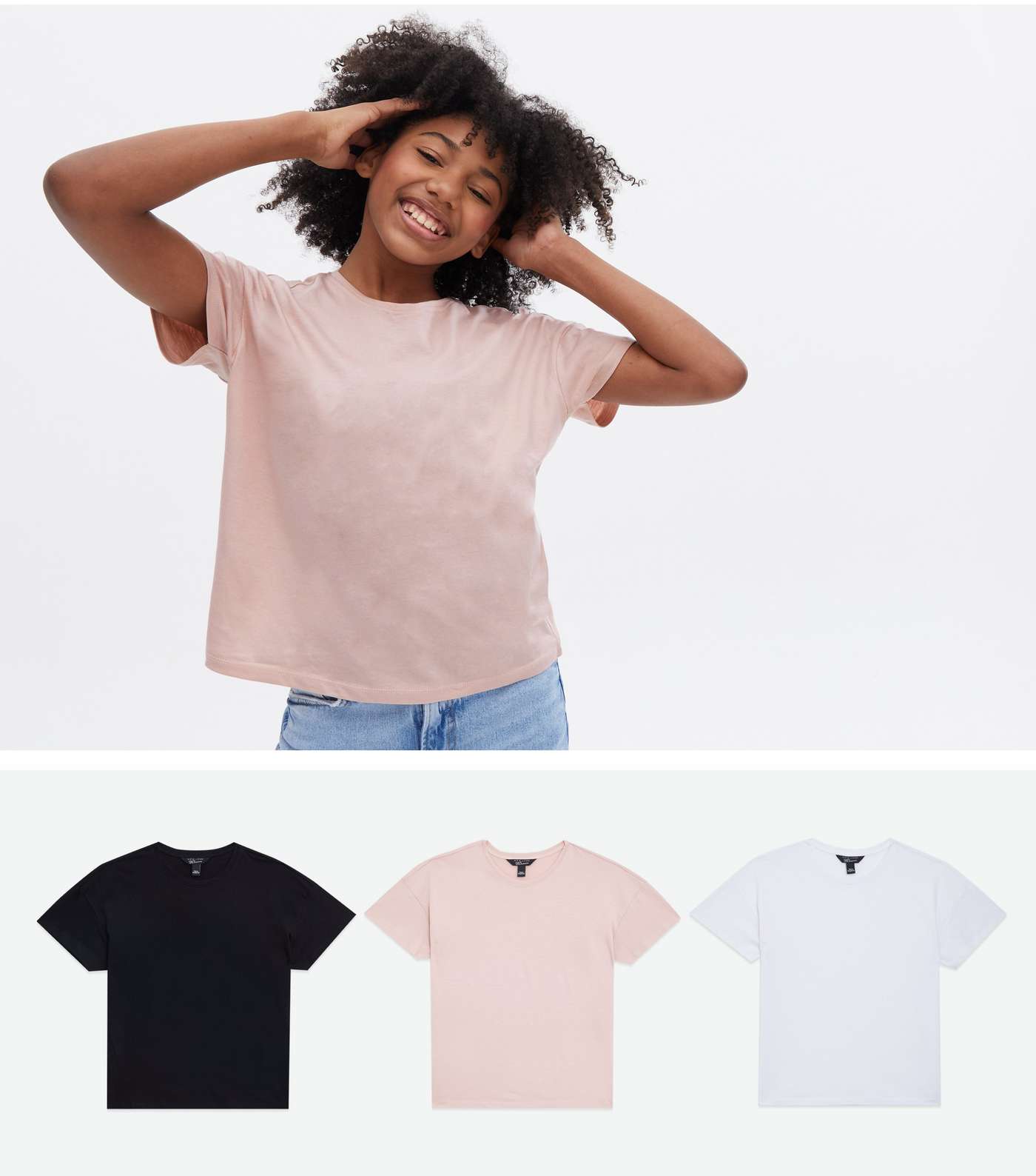 Girls 3 Pack Pink Black and White Crew Neck T-Shirts