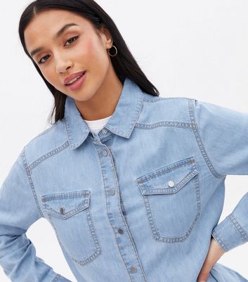 Petite Blue Light Wash Denim Shirt 