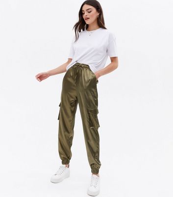 Khaki Satin Tie Waist Cargo Joggers 