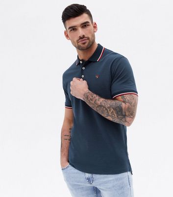 Men's Jack & Jones Navy Stripe Collar Polo Shirt New Look