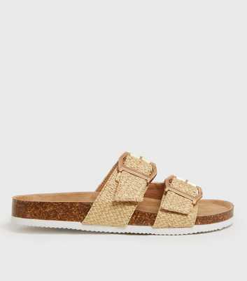Tan Woven Double Buckle Footbed Sliders