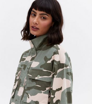 Green Camo High Neck Crop Jacket New Look