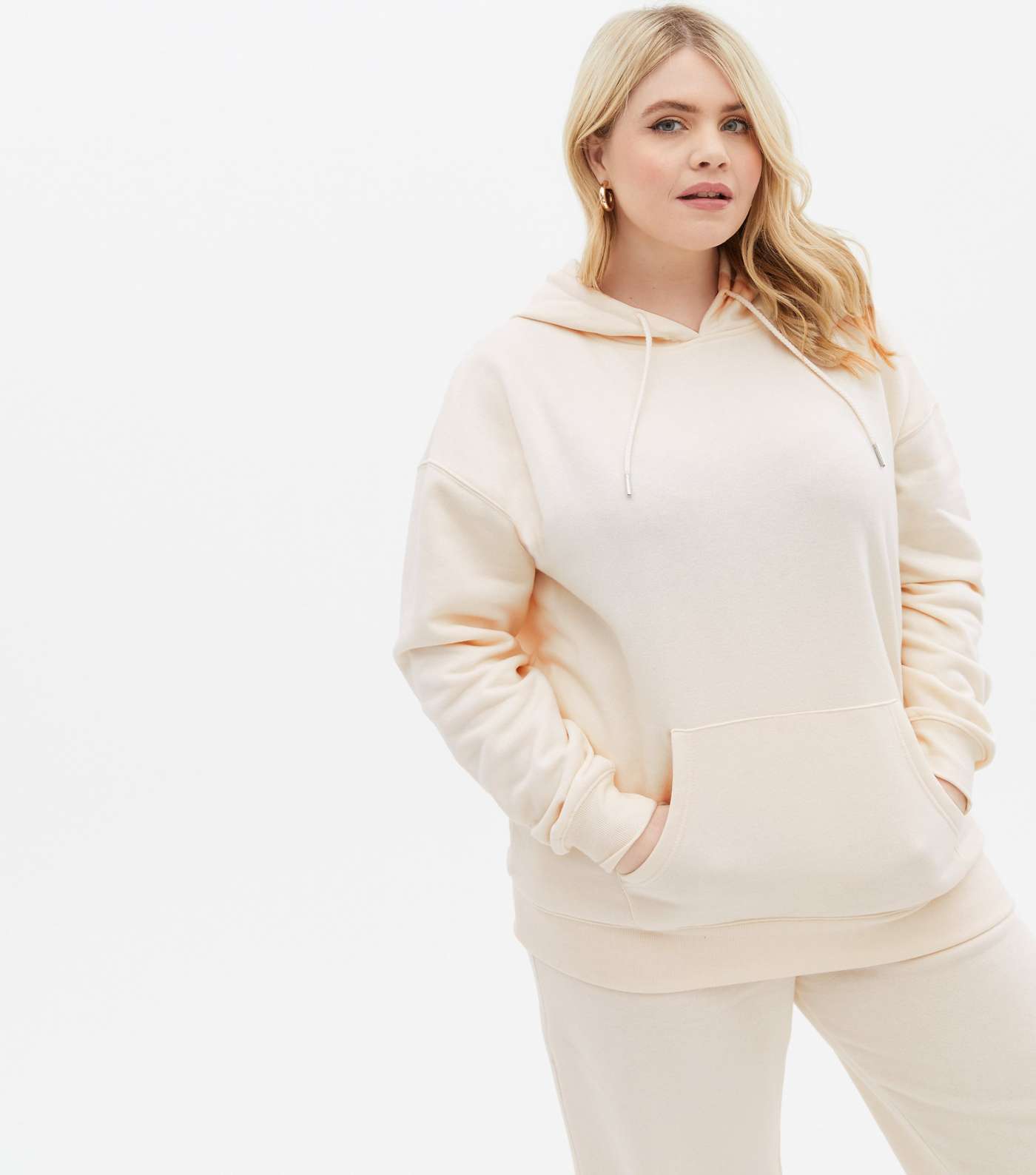 Curves Cream Pocket Front Oversized Hoodie