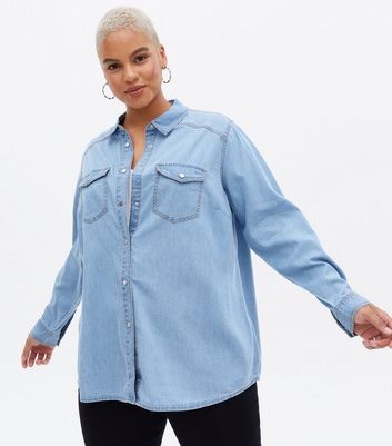 Curves Bright Blue Denim Long Shirt New Look