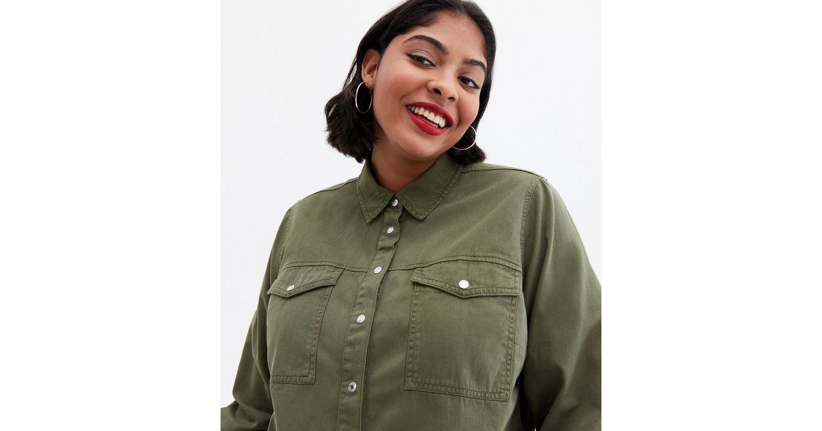 Curves Khaki Denim Oversized Shirt New Look