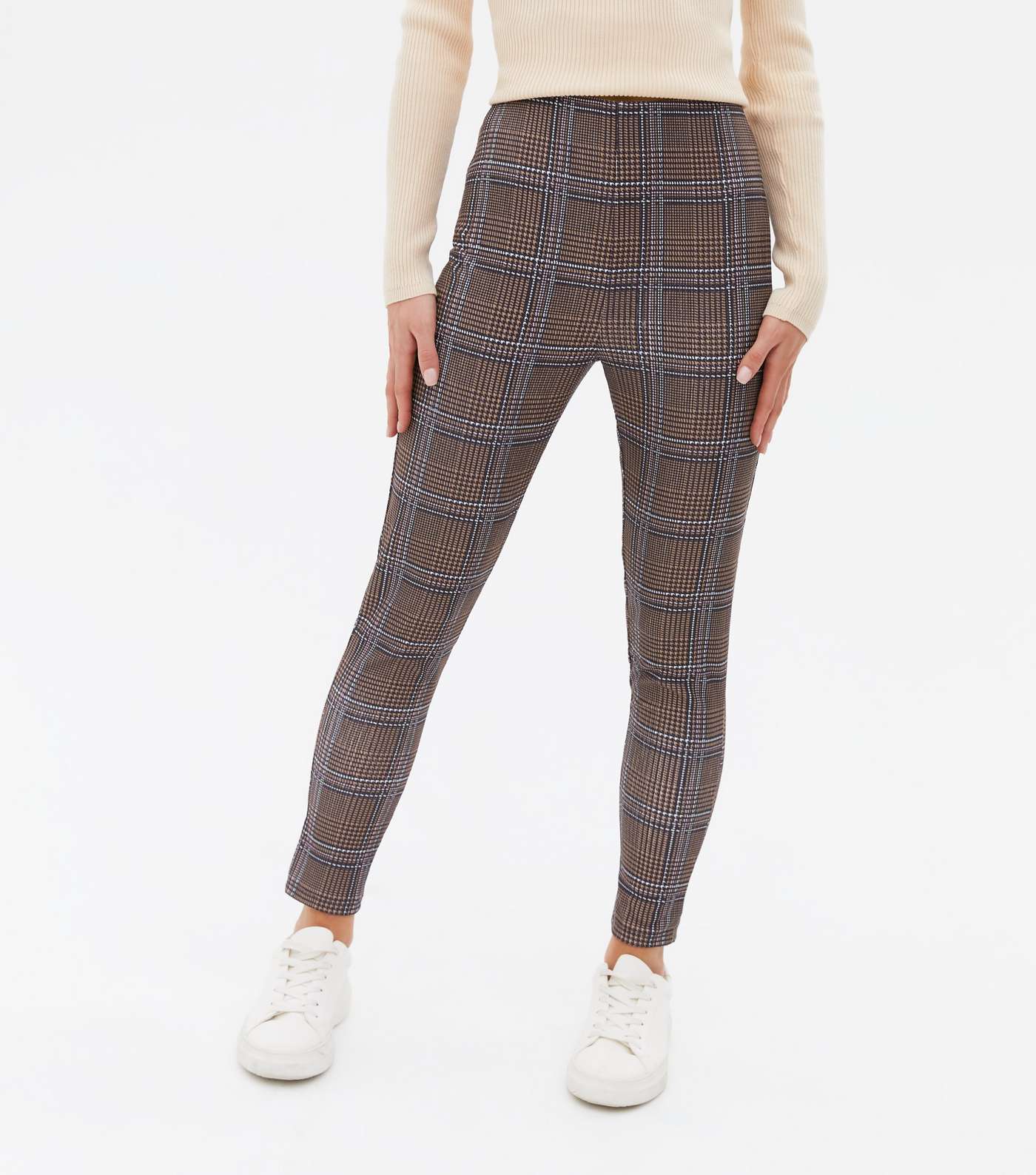 Petite Brown Check Jersey High Waist Skinny Trousers Image 2