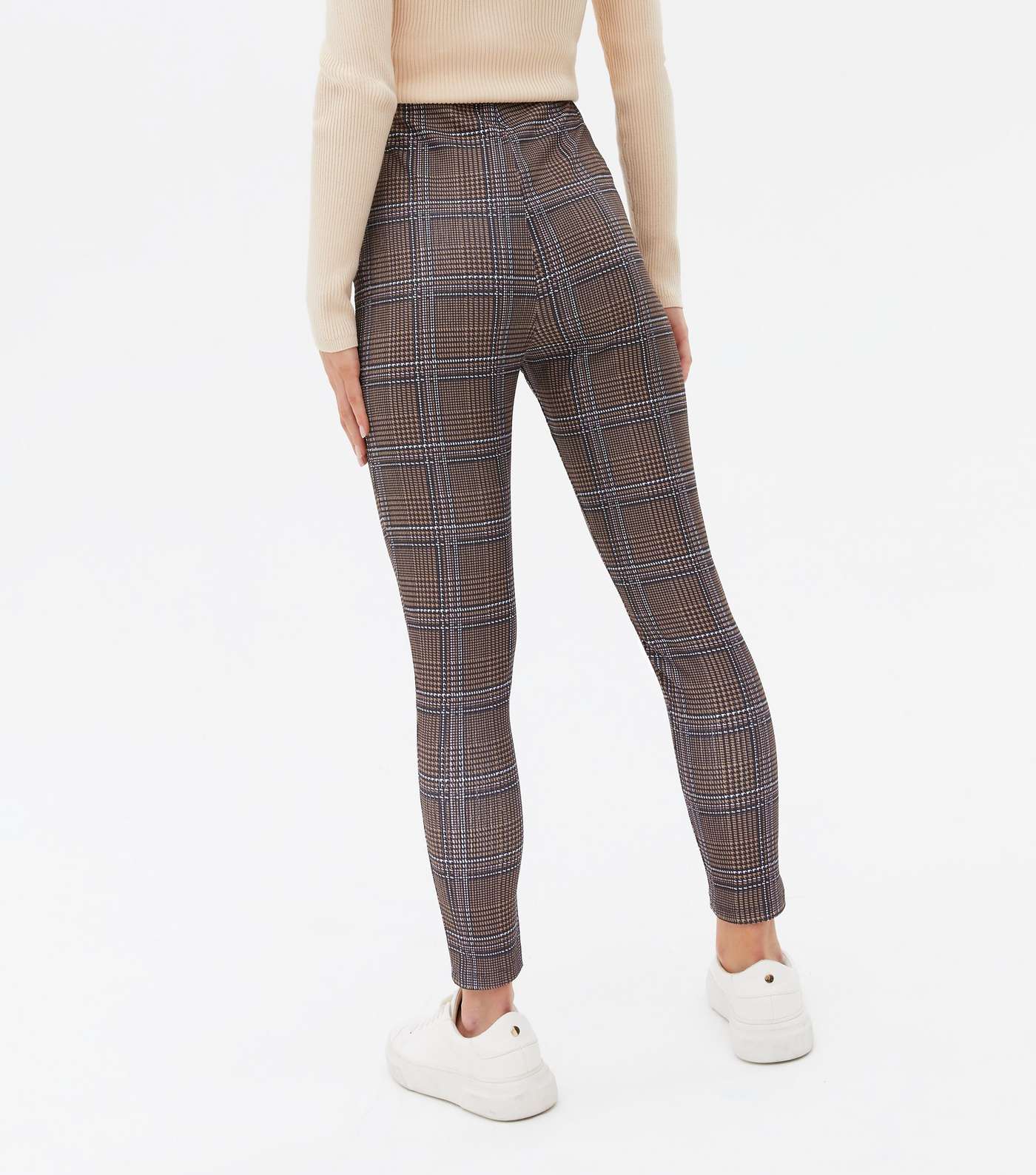 Petite Brown Check Jersey High Waist Skinny Trousers Image 4