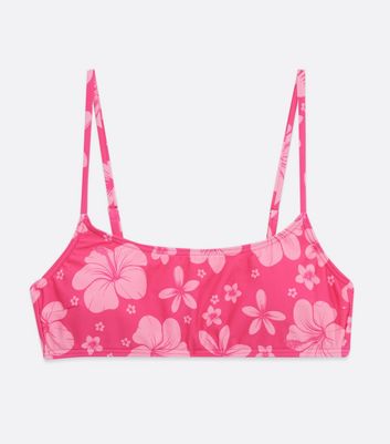 Pink Tropical Floral Scoop Neck Crop Bikini Top