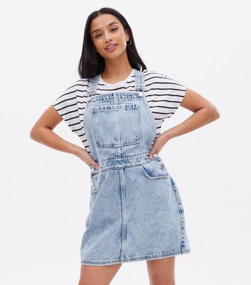 Petite Blue Denim Mini Pinafore Dress New Look