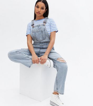 Petite Bright Blue Denim Ripped Dungarees New Look