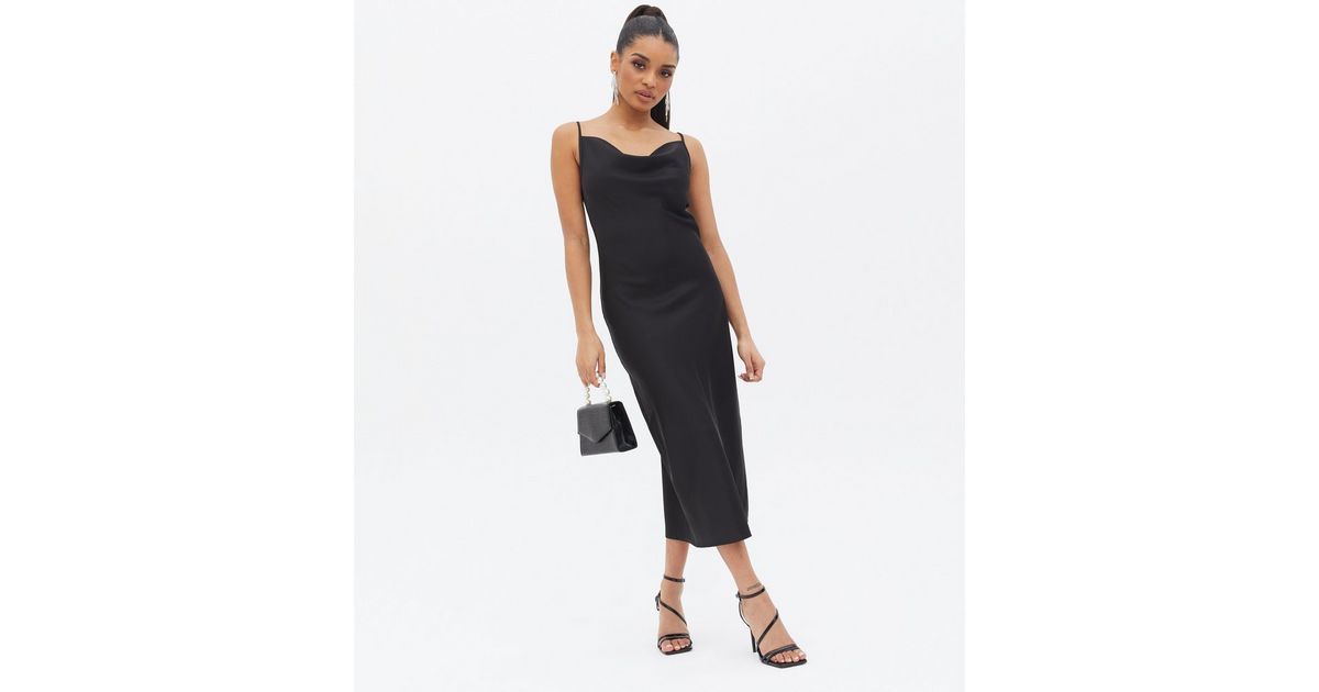 Petite Black Satin Cowl Neck Midi Slip Dress | New Look