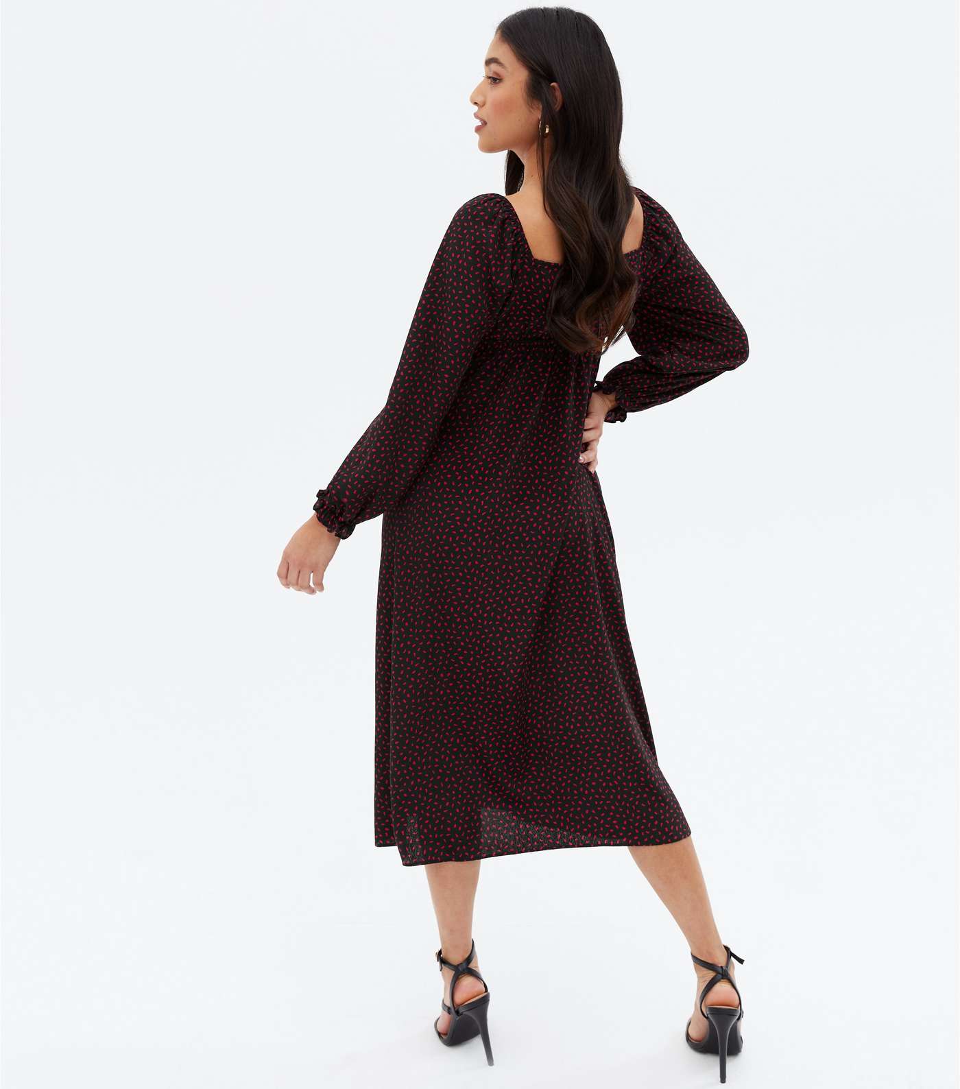 Petite Black Abstract Ruched Long Sleeve Midi Dress Image 4