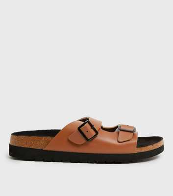 Tan Buckle Double Strap Footbed Sliders