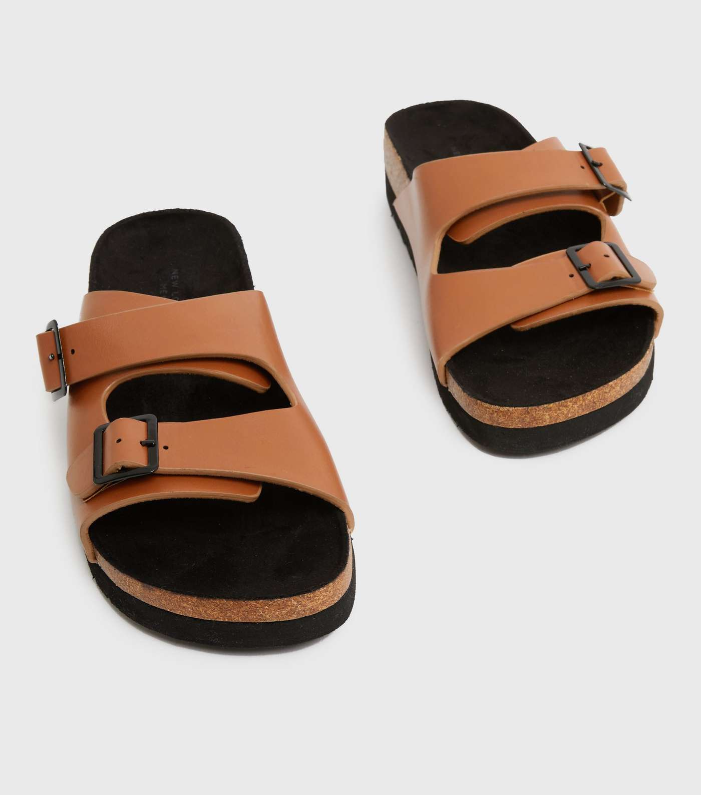 Tan Buckle Double Strap Footbed Sliders Image 2