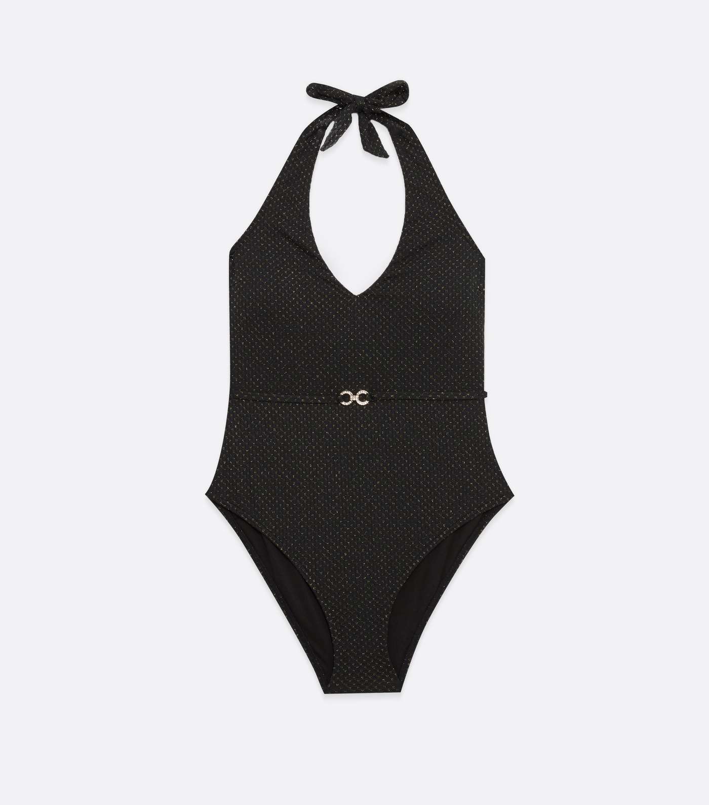 Black Glitter Belted Halter Swimsuit Image 5