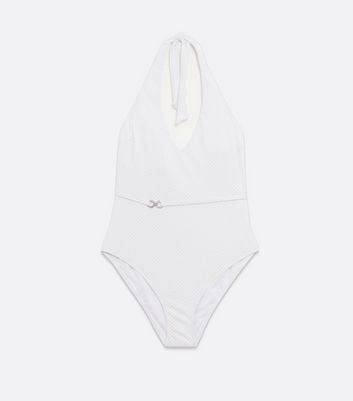 White Glitter Belted Halter Swimsuit | New Look