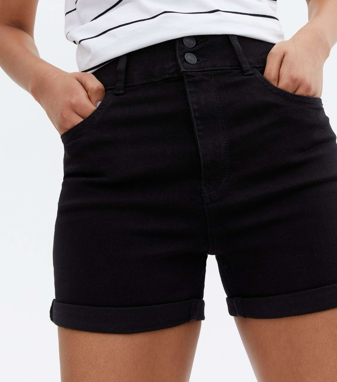 Tall Black Denim 2 Button High Waist Shorts Image 3