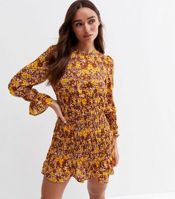 Urban Bliss Brown Floral Frill Shirred Mini Dress New Look