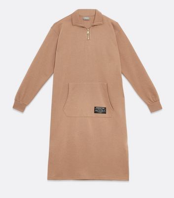Damen Bekleidung ONLY Light Brown Zip High Neck Midi Sweatshirt Dress