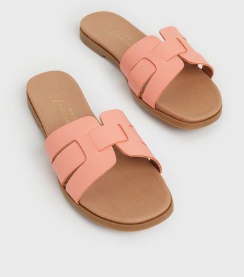 Wide Fit Coral Cut Out Strap Footbed Sliders | New Look