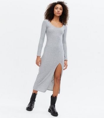 Grey Jersey Scoop Neck Split Midi Dress