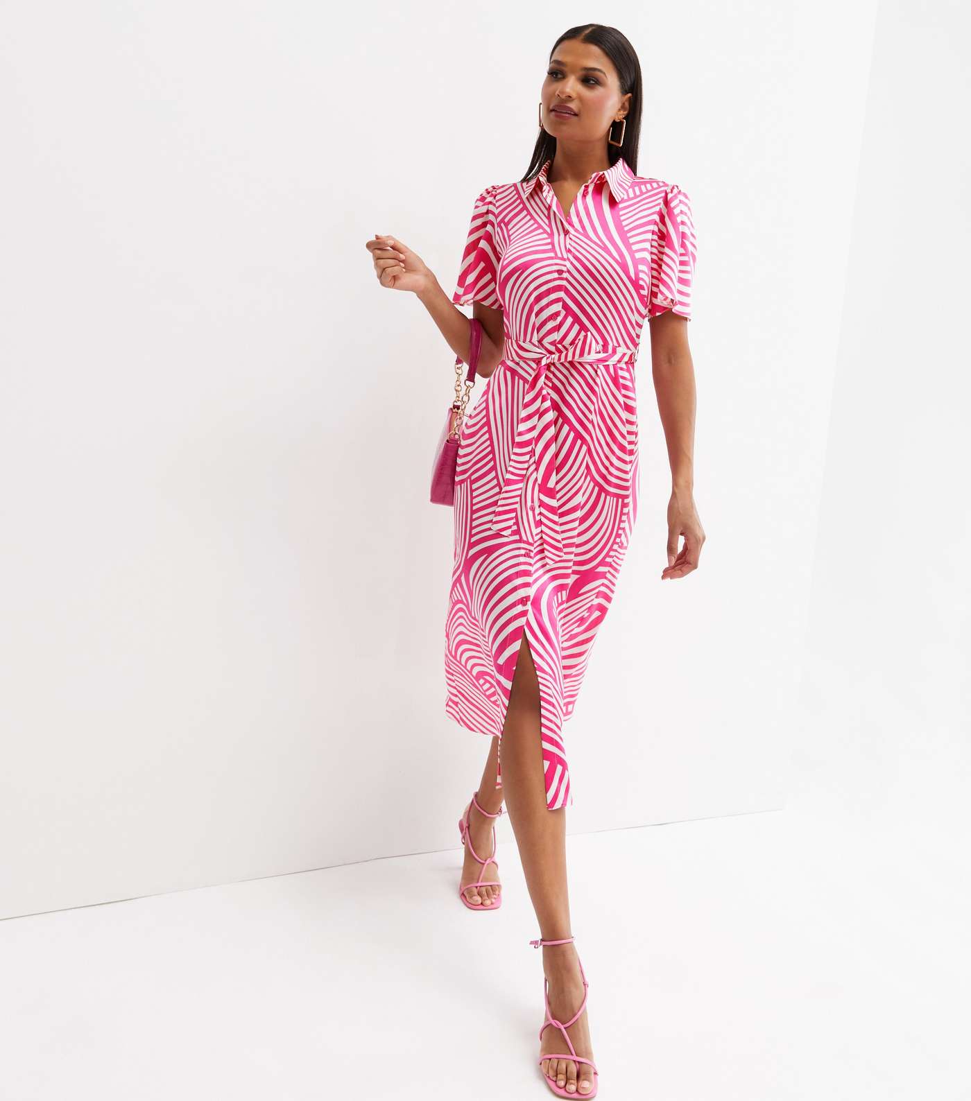 Pink Line Belted Midi Shirt Dress