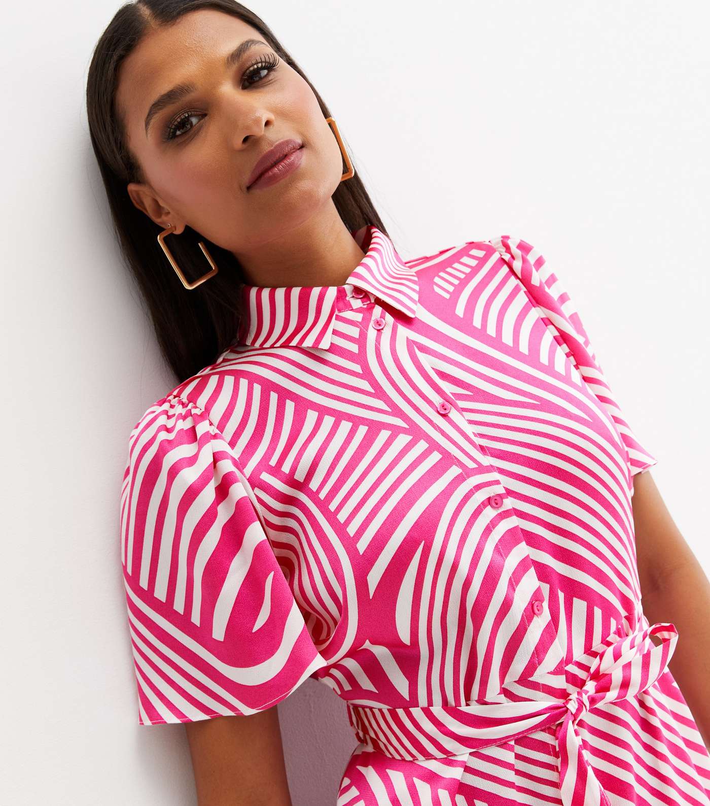 Pink Line Belted Midi Shirt Dress Image 3