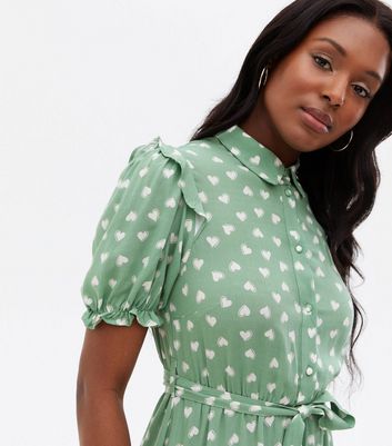 Green Heart Frill Midi Shirt Dress | New Look