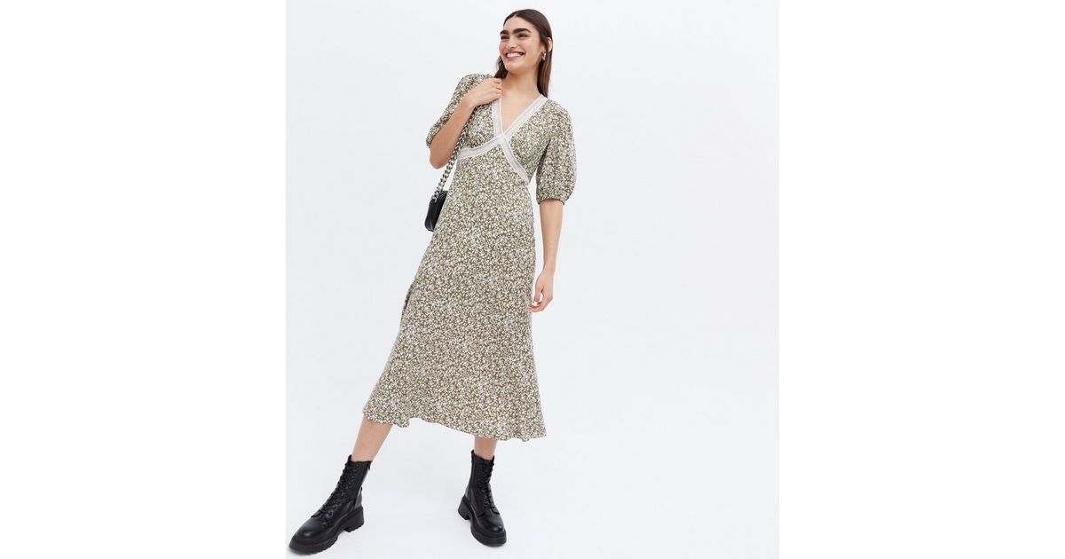 Green Ditsy Floral Lace Trim Midi Dress | New Look