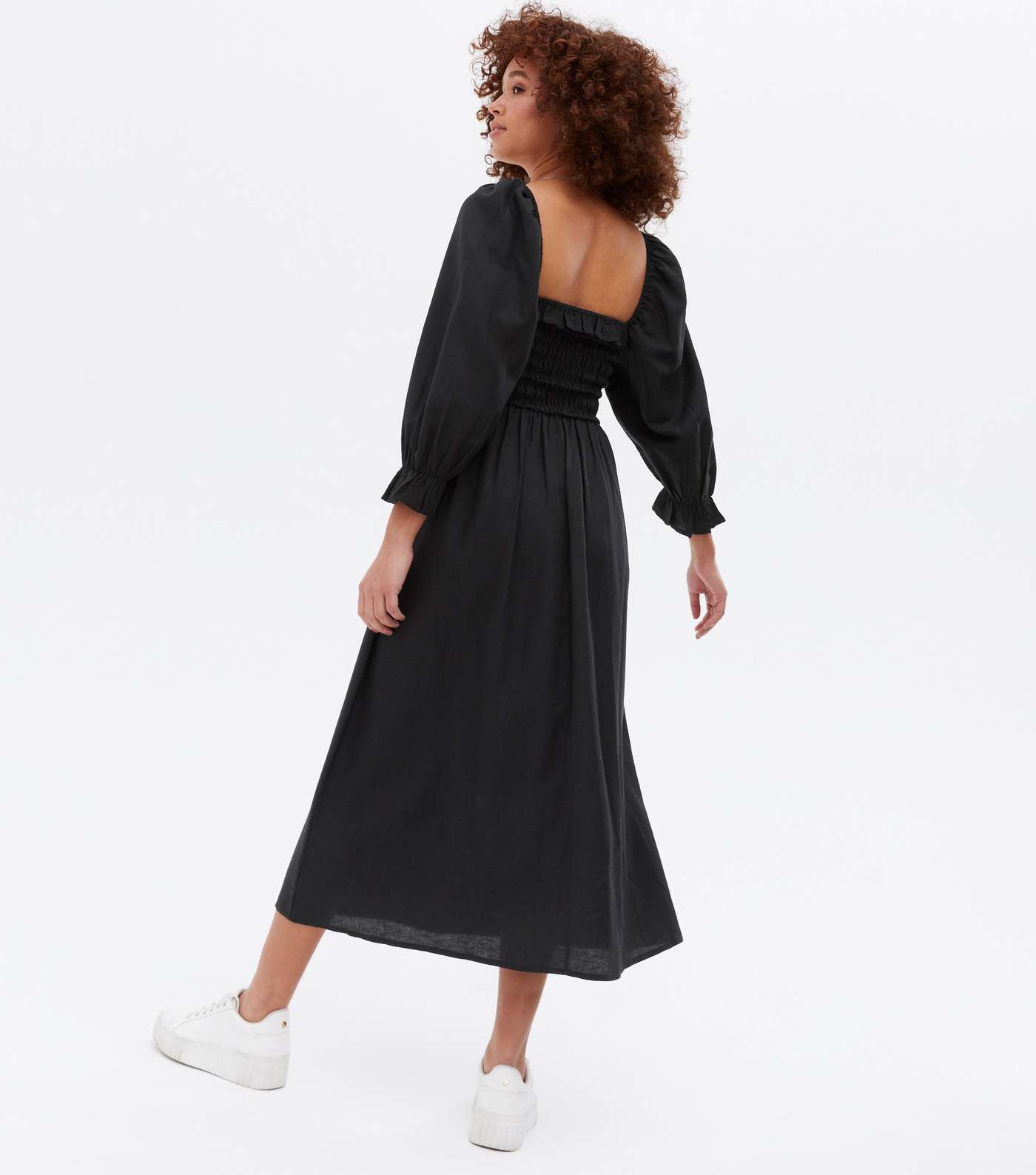 Black Shirred Frill Square Neck Midi Dress Image 4