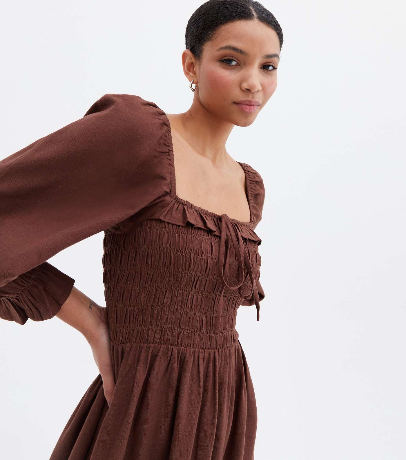 Dark Brown Shirred Frill Square Neck Midi Dress