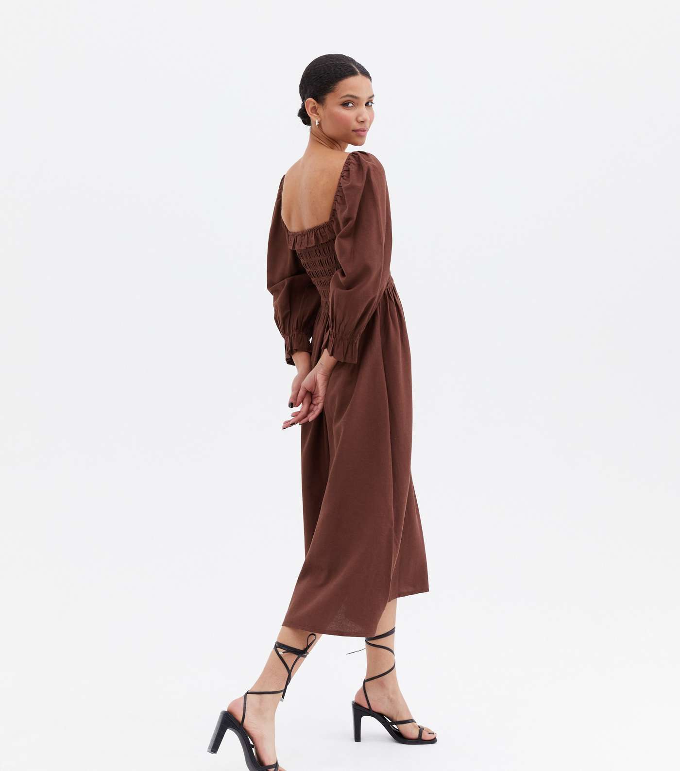 Dark Brown Shirred Frill Square Neck Midi Dress Image 3