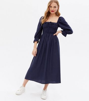 Navy Shirred Frill Square Neck Midi Dress