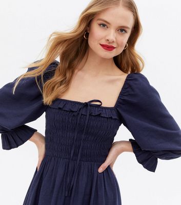 Navy Shirred Frill Square Neck Midi Dress | New Look
