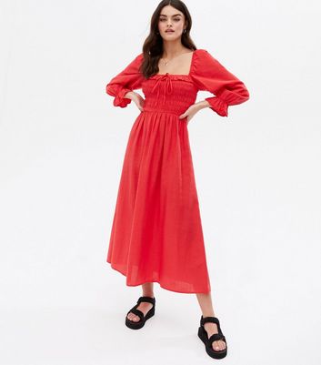 Click to view product details and reviews for Red Shirred Frill Square Neck Midi Dress New Look.