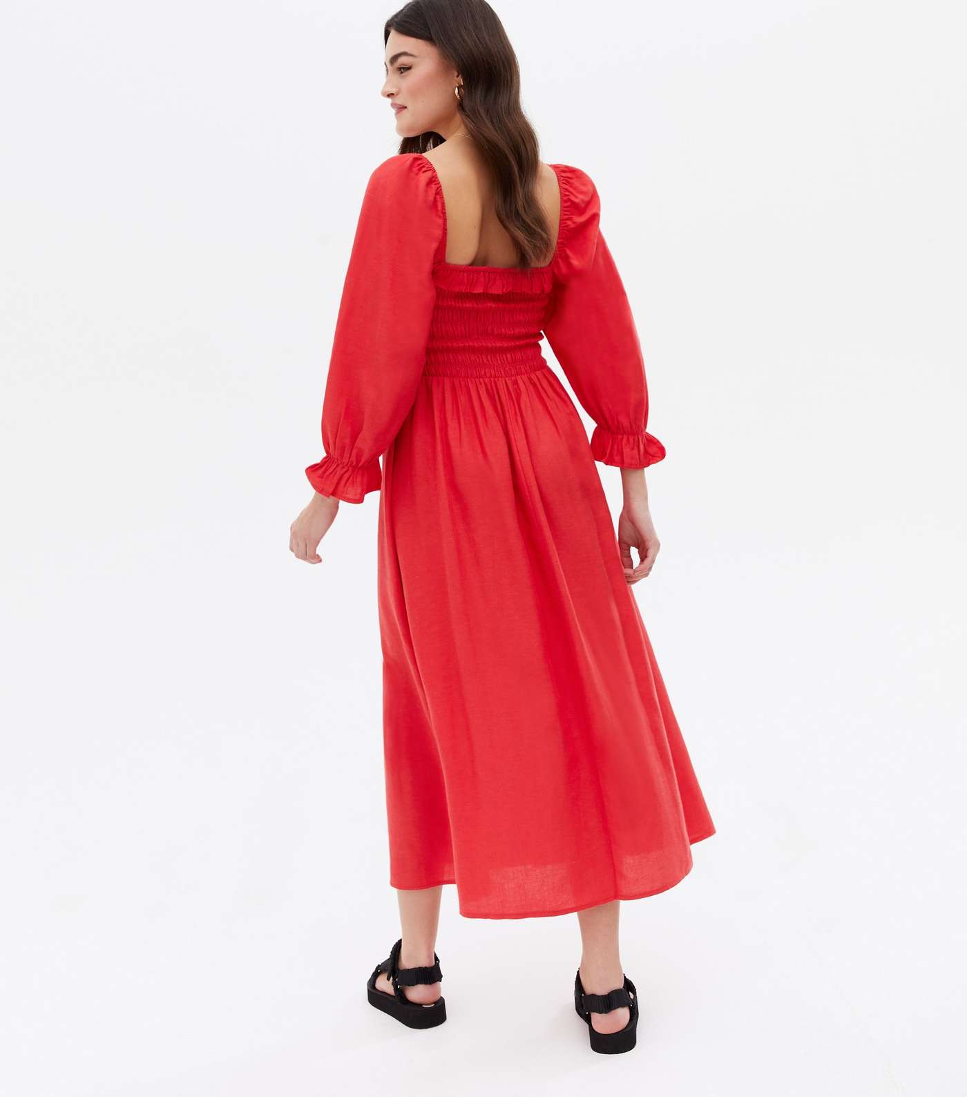 Red Shirred Frill Square Neck Midi Dress Image 4