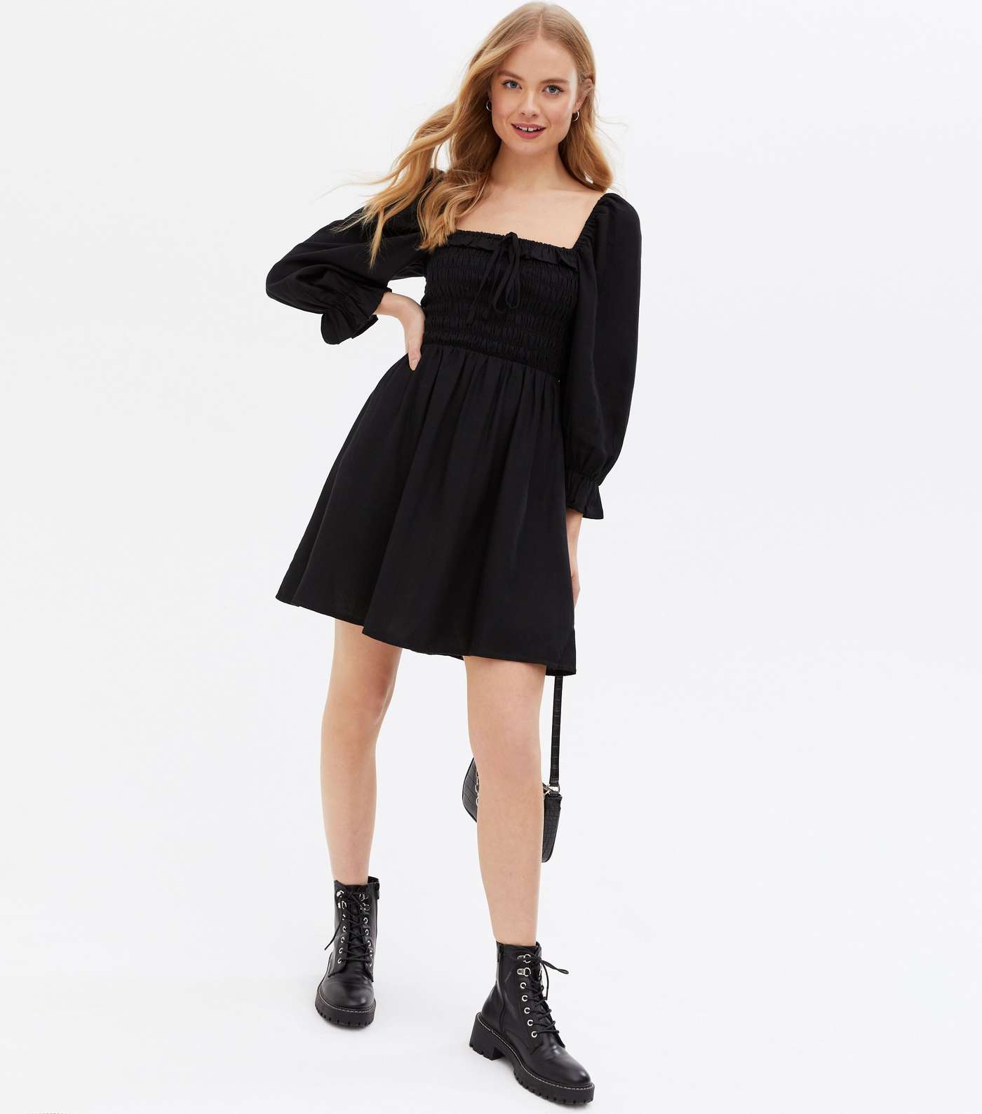 Black Shirred Frill Square Neck Mini Dress