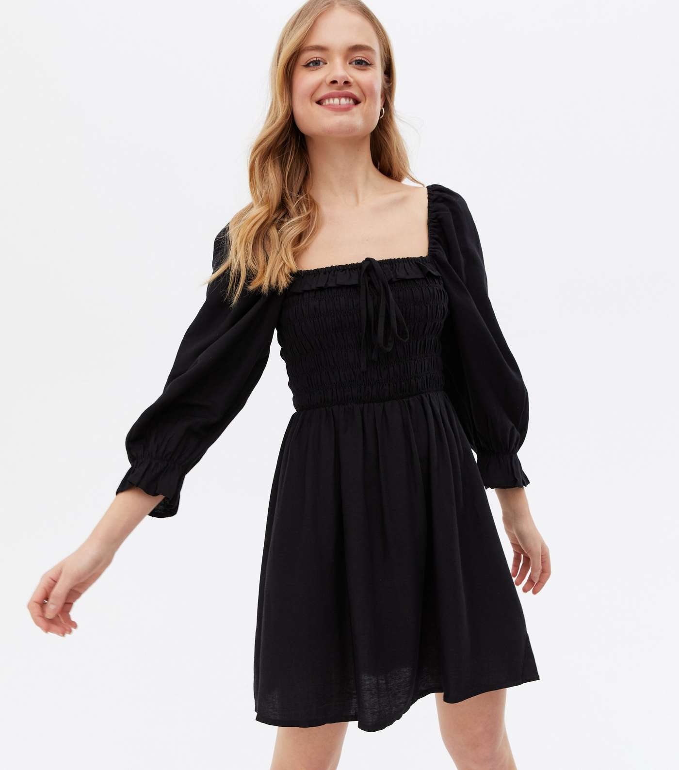 Black Shirred Frill Square Neck Mini Dress Image 3