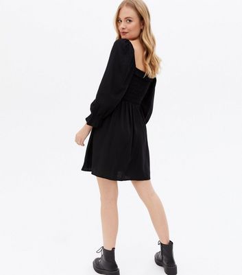 Damen Bekleidung Black Shirred Frill Square Neck Mini Dress