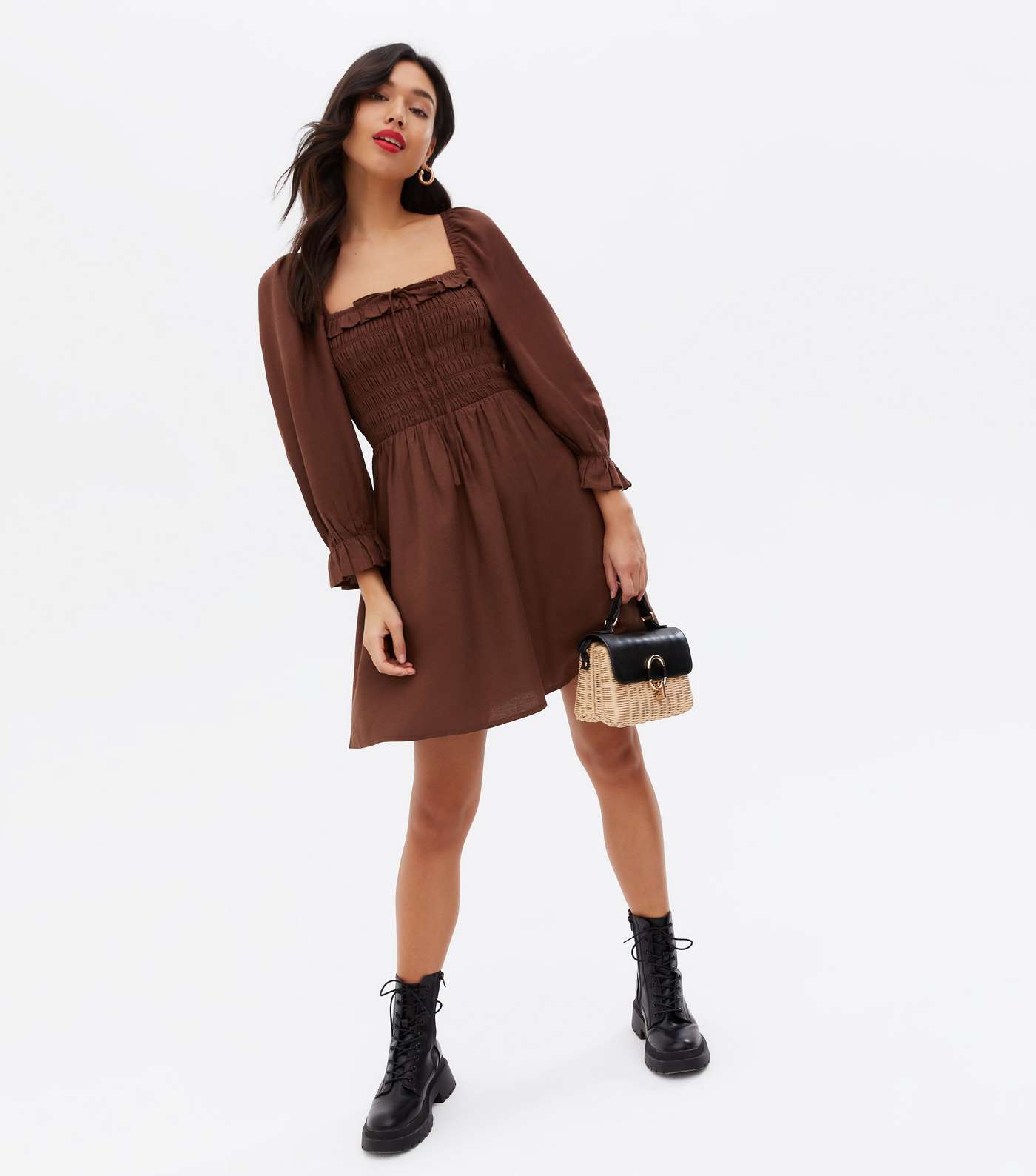 Dark Brown Shirred Frill Square Neck Mini Dress Image 2