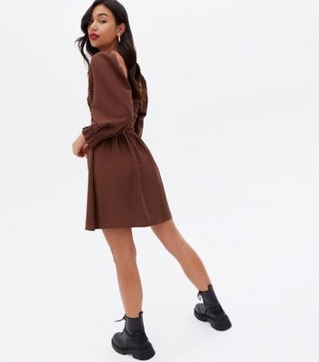 Dark Brown Shirred Frill Square Neck Mini Dress New Look