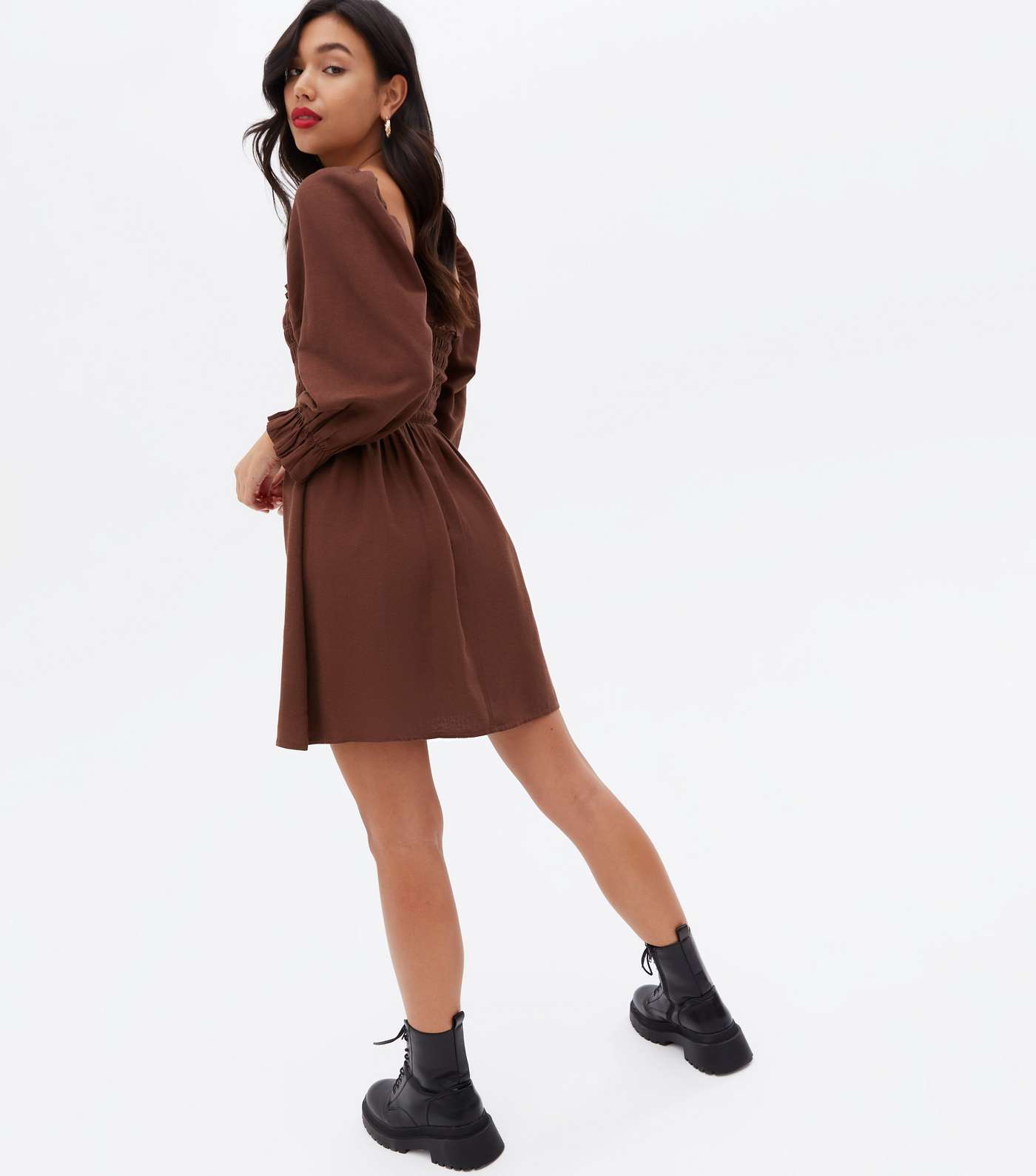 Dark Brown Shirred Frill Square Neck Mini Dress Image 4