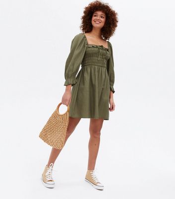 Olive Shirred Frill Square Neck Mini Dress