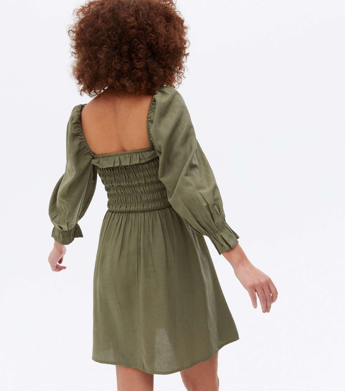 Olive Shirred Frill Square Neck Mini Dress Image 4