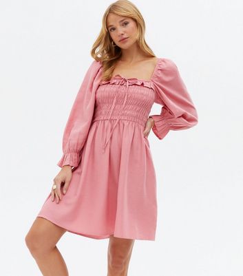 Mid Pink Shirred Frill Square Neck Mini Dress