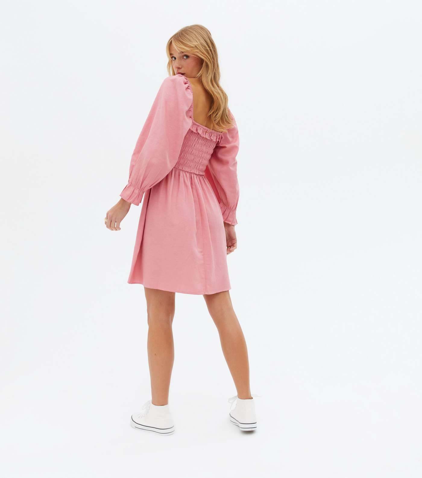 Mid Pink Shirred Frill Square Neck Mini Dress Image 4