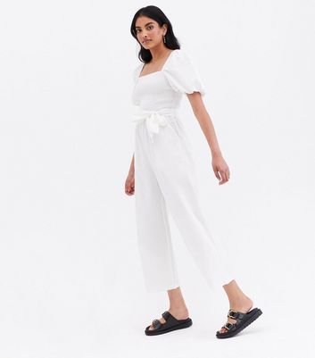Damen Bekleidung White Linen-Look Puff Sleeve Belted Jumpsuit